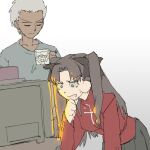  1boy 1girl archer_(fate) black_hair black_skirt blue_eyes cup dark-skinned_male dark_skin fate/stay_night fate_(series) grey_eyes long_hair microwave mug neco-arc pantsu-ripper pleated_skirt skirt sweater tohsaka_rin two_side_up white_hair 