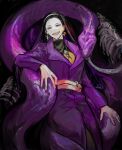  1girl belt black_hair black_shirt coat earrings hairband iori_(project_moon) jewelry long_hair necklace nishikujic open_mouth project_moon purple_coat purple_eyes purple_nails shirt smile snake white_belt white_hairband 