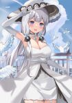  1girl absurdres azur_lane bird blue_gemstone blue_sky breasts cloud cloudy_sky detached_collar dress elbow_gloves gem gloves hair_ribbon hat highres illustrious_(azur_lane) lace-trimmed_headwear lace_trim large_breasts mole mole_under_eye ocean pigeon ribbon sky strapless strapless_dress sun_hat thigh_strap tress_ribbon tri_tails watage_tanpopo water white_dress white_gloves white_hair white_headwear 