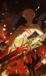  1boy armor bangs blonde_hair blurry bokeh bracelet commentary_request depth_of_field ea_(fate/stay_night) earrings fate/extella fate/extella_link fate/extra fate/extra_ccc fate/grand_order fate/hollow_ataraxia fate/stay_night fate/strange_fake fate/zero fate_(series) from_below gilgamesh_(fate) gold_armor highres holding holding_weapon jewelry kk7_000 light_particles looking_at_viewer male_focus necklace no_shirt official_alternate_costume red_eyes shadow short_hair smile solo toned toned_male topless topless_male weapon 