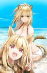  2girls animal_ears arknights bangs beach bikini breasts brown_eyes brown_hair ceobe_(arknights) cleavage collarbone dog_ears dog_girl highres large_breasts lion_ears lion_girl lion_tail long_hair looking_at_viewer motion_blur multiple_girls ocean open_mouth photobomb red_eyes siege_(arknights) smile swimsuit tail v water white_bikini yokaze_(yokajie) 