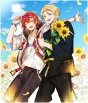  2boys :d ;d belt blonde_hair blue_eyes border bracelet brown_pants buckle cloud cowboy_shot day eyewear_on_head falling_petals field floral_print flower flower_field gradient_clothes hair_flower hair_ornament hair_strand hanasaki_miyabi hand_up highres holding holding_flower holostars hood hooded_jacket jacket jewelry jinbei_(clothes) kiri_tmt kishido_temma looking_at_viewer male_focus multiple_boys no_bangs official_alternate_costume one_eye_closed one_side_up outstretched_arm pants petals red_belt red_hair shirt short_hair smile sunflower sunglasses t-shirt v-neck virtual_youtuber white_border white_jacket white_shirt yellow_eyes 