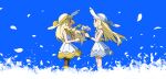  2girls bare_arms blonde_hair blue_background bracelet braid closed_mouth collared_dress commentary_request dress falling_petals flower from_side green_eyes hat hat_ribbon highres holding holding_flower hungry_seishin jewelry lillie_(pokemon) lily_(flower) long_hair multiple_girls pantyhose petals pokemon pokemon_(anime) pokemon_journeys ribbon sleeveless sleeveless_dress smile white_dress white_flower white_headwear yellow_ribbon z-ring 