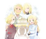 2boys 2girls :d ahoge bangs beard blonde_hair blush brown_sweater buttons closed_eyes closed_mouth collared_shirt commentary_request diamond_(shape) ear_piercing eyelashes facial_hair family gem gladion_(pokemon) green_eyes green_gemstone hair_over_one_eye highres jewelry lillie_(pokemon) long_hair lusamine_(pokemon) mei_(maysroom) mohn_(pokemon) multiple_boys multiple_girls necklace nihilego open_mouth piercing pokemon pokemon_(anime) pokemon_(creature) pokemon_journeys red_shirt shirt short_hair smile split_mouth sweater tongue ultra_beast 
