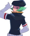  1boy belt black_headwear black_jacket commentary_request elbow_gloves gloves green_eyes green_hair hat highres jacket male_focus parted_lips pokemon pokemon_(game) pokemon_hgss popped_collar proton_(pokemon) short_hair smile smirk solo team_rocket team_rocket_uniform tyako_089 upper_body white_background white_belt white_gloves 