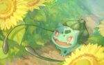  bulbasaur day fangs flower fujie-yz grass highres leaf no_humans open_mouth outdoors path plant pokemon pokemon_(creature) red_eyes solo sunflower vines yellow_flower 