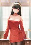  1girl bangs bare_shoulders black_hair black_legwear blurry blurry_background breasts cleavage closed_mouth collarbone curtains dress earrings eyebrows_visible_through_hair gold_earrings hairband highres jewelry lancheu large_breasts long_hair looking_at_viewer off-shoulder_sweater off_shoulder pantyhose red_eyes red_sweater smile solo spy_x_family straight_hair sweater sweater_dress swept_bangs white_hairband window yor_briar 
