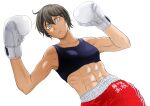  1girl abs absurdres arms_up black_sports_bra blue_eyes boxing_gloves boxing_shorts breasts brown_hair collarbone commentary_request detached_sleeves dutch_angle fighting_stance frown gloves hair_between_eyes highres looking_at_viewer messy_hair mizuguchi_naoki muscular muscular_female red_shorts saotome_senshu_hita_kakusu saotome_yae short_hair shorts simple_background small_breasts solo sports_bra tomboy very_short_hair white_background white_gloves 