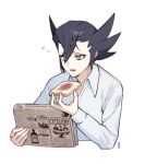  1boy aqua_eyes bangs black_hair bread collared_shirt commentary_request food grimsley_(pokemon) holding holding_newspaper korean_commentary long_sleeves looking_down lower_teeth male_focus mongguri newspaper open_mouth pokemon pokemon_(game) pokemon_bw reading shirt short_hair solo spiked_hair teeth tongue upper_body white_shirt 