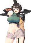  1girl absurdres aqua_eyes arm_behind_head arm_up armor bangs bare_shoulders black_hair breasts commentary_request cosplay cropped_sweater final_fantasy final_fantasy_vii final_fantasy_vii_remake headband highres holding holding_weapon hololive looking_at_viewer medium_breasts midriff navel oozora_subaru open_mouth shiny shiny_hair short_hair shorts shoulder_armor shuriken simple_background sleeveless smile solo stomach thighs tro turtleneck unbuttoned virtual_youtuber weapon white_background yuffie_kisaragi yuffie_kisaragi_(cosplay) 
