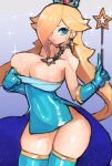  1girl adapted_costume alternate_hair_length alternate_hairstyle blonde_hair blue_eyes breasts cleavage crown dakusuta hair_over_one_eye highres large_breasts mario_(series) one_eye_covered rosalina solo star_wand super_mario_galaxy wand 