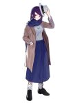  1girl alternate_costume asymmetrical_bangs bangs black_footwear blue_scarf blue_skirt blunt_bangs brown_coat coat diagonal_bangs full_body hand_in_pocket highres idolmaster idolmaster_shiny_colors light_brown_hair loafers long_skirt loose_socks purple_eyes purple_hair ribbed_sweater scarf shoes simple_background skirt skull_necklace solo sweater tanaka_mamimi white_background white_headwear zhili_xingzou 