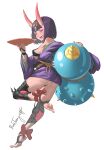  1girl ass barefoot_sandals bob_cut bosstseng breasts cup eyeliner fate/grand_order fate_(series) gourd headpiece holding holding_cup horns japanese_clothes kimono makeup medium_breasts oni oni_horns purple_eyes purple_hair purple_kimono revealing_clothes sakazuki short_eyebrows short_hair short_kimono shuten_douji_(fate) skin-covered_horns solo 
