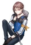  1boy akningovo black_footwear black_gloves blue_vest brown_hair choker eiyuu_densetsu gloves hand_on_own_cheek hand_on_own_face highres hood hoodie kuro_no_kiseki leg_up male_focus pants pin red_eyes short_hair swin_abel vest 