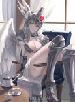  1girl absurdres angel_wings armor armored_dress bangs breasts chair character_request cleavage cup eyebrows_visible_through_hair grey_eyes grey_hair helmet highres holding long_hair looking_at_viewer nyanko_daisensou serious shoulder_armor sitting solo spoon table tea teacup teapot teaspoon thighs tooku0 valkyrie winged_helmet wings 