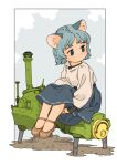  1girl akai_sashimi animal_ear_fluff animal_ears bangs blouse blue_eyes blue_hair blue_skirt blush border brown_footwear cat_ears closed_mouth dirt dot_mouth dot_nose expressionless eyebrows_visible_through_hair from_side full_body high-waist_skirt highres hugging_own_legs knees_up legs_together long_skirt long_sleeves looking_away looking_to_the_side mary_janes no_socks original outdoors outside_border own_hands_together puffy_long_sleeves puffy_sleeves shirt shoes short_hair signature sitting skirt solo white_border white_shirt 