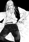  1boy 5533 beard bed_sheet belt black_background black_pants closed_mouth dress_shirt facial_hair golden_kamuy greyscale highres hijikata_toshizou_(golden_kamuy) long_hair long_sleeves looking_at_viewer male_focus midriff monochrome navel old old_man on_bed open_clothes open_vest pants partially_unbuttoned reclining sheet_grab shirt simple_background spread_legs striped striped_pants untucked_shirt vertical-striped_pants vertical_stripes vest white_hair white_shirt wrinkled_skin 