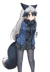  1girl animal_ears arms_behind_back black_bow black_bowtie black_fur black_hair black_legwear black_shirt black_skirt blue_jacket blue_necktie blush bow bowtie cowboy_shot extra_ears eyebrows_visible_through_hair fox_ears fox_girl fox_tail fur_trim grey_hair highres jacket kemono_friends long_hair long_sleeves multicolored_hair necktie open_clothes open_jacket orange_eyes pantyhose pleated_skirt shirt silver_fox_(kemono_friends) skirt solo tail translation_request uf34a 