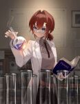  1girl alchemy ange_katrina bangs black_skirt blue_eyes book bookshelf brown_shirt coat flask glasses hair_between_eyes hair_intakes hair_ornament hairclip haruwo highres holding holding_book holding_flask labcoat laboratory long_sleeves nijisanji open_book red_hair round-bottom_flask scientist shirt short_hair short_ponytail skirt solo test_tube virtual_youtuber white_coat zipper zipper_pull_tab 