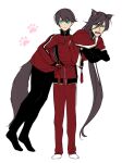  2boys animal_ears aqua_eyes bangs black_hair black_legwear black_pants blue_eyes carrying cat_ears cat_tail closed_mouth crossed_arms dangling detached_sleeves fox_ears fox_tail full_body hair_between_eyes hanadi_(hndboo) hand_up height_difference horikawa_kunihiro izumi-no-kami_kanesada jacket long_hair long_sleeves looking_at_viewer male_focus multiple_boys no_shoes open_mouth pants paw_print red_jacket red_pants sash short_hair simple_background smile socks standing swept_bangs tail tassel tasuki touken_ranbu very_long_hair white_background white_legwear 