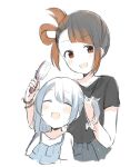  2girls :d bangs black_hair black_shirt blue_hair blue_shirt blush bunching_hair child closed_eyes cropped_legs cropped_shoulders diagonal_bangs dot_nose eyebrows_visible_through_hair frilled_shirt frills fujishiro_emyu gradient_hair grey_pants hair_brush hair_rings happy holding_hair_brush jewelry kasane_ao layered_shirt looking_at_viewer magia_record:_mahou_shoujo_madoka_magica_gaiden mahou_shoujo_madoka_magica mother_and_daughter multicolored_hair multiple_girls no_nose official_alternate_costume official_alternate_hairstyle older ooba_juri orange_hair pants red_eyes ring scrunchie shirt sidelocks simple_background smile spaghetti_strap straight_hair swept_bangs t-shirt two-tone_hair upper_body white_background white_sleeves wrist_scrunchie younger 