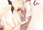  2girls absurdres after_kiss animal_ear_fluff animal_ears arknights ass beeswax_(arknights) blonde_hair blush brown_eyes cardigan_(arknights) commission completely_nude dark-skinned_female dark_skin dog_ears dog_girl dog_tail eye_contact face-to-face goat_ears goat_girl goat_horns highres holding_hands horns long_hair looking_at_another multiple_girls nasuuni nude open_mouth pink_eyes ponytail ribbon saliva saliva_trail skeb_commission tail tears tongue tongue_out upper_body very_long_hair white_hair yuri 