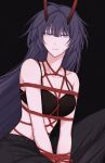  1girl arms_behind_back bangs bdsm black_background black_pants bondage bound bound_arms box_tie breast_bondage breasts clenched_teeth eyebrows_visible_through_hair highres honkai_(series) honkai_impact_3rd horns kyoshin9o long_hair looking_at_viewer pants parted_lips purple_eyes purple_hair raiden_mei raiden_mei_(herrscher_of_thunder) red_rope rope shibari shibari_over_clothes solo teeth 