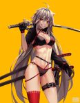  1girl absurdres ahoge asymmetrical_legwear bangs bikini black_bikini black_gloves breasts brown_eyes evil_grin evil_smile fate/grand_order fate_(series) gloves grin hair_between_eyes highres holding holding_sword holding_weapon jeanne_d&#039;arc_alter_(fate) jeanne_d&#039;arc_alter_(swimsuit_berserker)_(fate) katana kokonattsu long_hair long_sleeves medium_breasts red_legwear single_thighhigh smile solo swimsuit sword thighhighs unsheathed very_long_hair weapon 