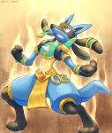  2022 3_fingers 3_toes absurd_res anthro black_body blue_body blue_ears blue_tail bottomwear canid canine clothed clothing dated egyptian_clothing feet fingers full-length_portrait hi_res katkichi loincloth lucario mammal midriff nintendo open_mouth pink_tongue pok&eacute;mon pok&eacute;mon_(species) portrait ruins_style_lucario signature solo teeth toes tongue video_games yellow_loincloth 