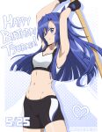  1girl absurdres arms_up bike_shorts black_gloves black_shorts black_sports_bra blue_hair blunt_ends breasts chuunioniika cleavage dated english_commentary fingerless_gloves gloves happy_birthday heart highres holding holding_sword holding_weapon kazanari_tsubasa long_hair looking_at_viewer looking_to_the_side midriff navel purple_eyes senki_zesshou_symphogear shorts side_ponytail small_breasts smile solo sports_bra sword weapon white_background white_sports_bra wooden_sword 