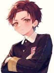  1boy bangs black_jacket blurry blush brown_eyes closed_mouth crossed_arms damian_desmond depth_of_field eden_academy_uniform frown jacket long_sleeves looking_at_viewer male_focus red_hair school_uniform shinotarou_(nagunaguex) short_hair simple_background solo spy_x_family stitches upper_body 