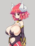  1girl breasts cleavage closed_mouth clothing_cutout demon_girl detached_sleeves disgaea highres horns huge_breasts la_pucelle long_hair maou_prier navel pantyhose plump pointy_ears prier red_eyes red_hair sawati simple_background solo 