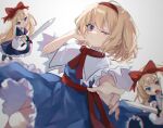  1girl alice_margatroid apron bangs blonde_hair blue_dress blue_eyes blurry bow capelet chromatic_aberration depth_of_field dress eyebrows_visible_through_hair frills grey_background hair_bow hairband highres holding holding_weapon kani_nyan lance long_hair looking_at_viewer one_eye_closed petticoat polearm red_bow red_hairband shanghai_doll short_hair touhou weapon white_capelet 