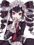  1girl bangs black_hair black_jacket black_nails black_skirt celestia_ludenberg closed_mouth danganronpa:_trigger_happy_havoc danganronpa_(series) drill_hair earrings eyebrows_visible_through_hair frilled_jacket frills gothic_lolita grey_background hand_up highres jacket jewelry lolita_fashion long_hair looking_at_viewer nail_polish necktie print_necktie red_eyes red_necktie shiny shiny_hair simple_background skirt smile solo twin_drills twintails yumachansan 