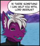  anthro background_sky black_sclera clothed clothing comic dialogue digital_media_(artwork) dragon english_text fur furred_dragon hair hi_res male mammal open_mouth plant prisma_faerdo prismanoodle_(artist) purple_body purple_fur solo text tree white_hair 