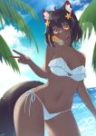  absurdres ahoge animal_ear_fluff animal_ears bangs bikini black_hair blurry blurry_background breasts cat_ears cat_tail colored_inner_hair dark-skinned_female dark_skin day flower hair_flower hair_ornament highres indie_virtual_youtuber looking_at_viewer medium_breasts multicolored_hair navel outdoors palm_tree sakura_chiyo_(konachi000) sakuraba_chiyo short_hair side-tie_bikini swimsuit tail tree two-tone_hair v virtual_youtuber white_bikini yellow_eyes 