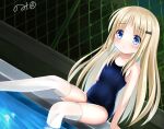  1girl blue_eyes blue_swimsuit blush brown_hair hair_ornament hairclip kud_wafter kudpoid_(71139) leg_lift legs little_busters! long_hair noumi_kudryavka one-piece_swimsuit pool poolside school_swimsuit sitting soaking_feet solo swimsuit thighhighs thighs white_legwear 