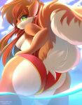  2022 anthro bottomwear breasts butt clothing collaboration disney female fur green_eyes hi_res ladnelsiya looking_at_viewer mammal red_bottomwear red_clothing rodent sciurid smile solo thick_ass thick_butt water weeniewonsh wide_hips 