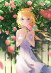  1girl bai-hyacinth bangs blonde_hair blue_eyes blush bow dress eyebrows_visible_through_hair falling_petals fence flower hair_bow hands_on_own_chest highres holding holding_flower long_hair looking_at_viewer low_twintails original outdoors petals ribbon rose rose_bush smile solo sundress twintails wind 