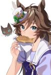  1girl afterimage ahoge animal_ears bangs brown_hair cat ear_twitch fish food green_eyes hair_ornament hairclip hand_up hat horse_ears long_hair looking_at_viewer mini_hat mini_top_hat misu_kasumi mouth_hold mr._c.b._(umamusume) napkin notice_lines purple_shirt sailor_collar school_uniform shirt short_sleeves simple_background speed_lines taiyaki top_hat tracen_school_uniform umamusume upper_body wagashi white_background 