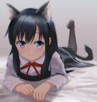  1girl animal_ears asashio_(kancolle) asashio_kai_ni_(kancolle) black_hair black_legwear blue_eyes cat_ears cat_tail dress extra_ears eyebrows_behind_hair gradient gradient_background grey_eyes hair_ribbon highres kantai_collection long_sleeves looking_at_viewer lying neck_ribbon on_stomach pantyhose pinafore_dress ribbon shirt solo tail usagikoya white_shirt 