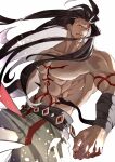  1boy alternate_universe bandages bare_pectorals black_hair fate/grand_order fate_(series) haruakira heracles_(fate) heterochromia highres long_hair looking_to_the_side male_focus muscular muscular_male navel pectorals red_eyes simple_background solo tattoo upper_body white_background yellow_eyes 