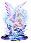 1girl arched_back bangs banned_artist blue_eyes boots breasts crystal floating_hair flower headgear high_heel_boots high_heels highres large_breasts long_hair looking_at_viewer midori_foo original parted_lips pointy_ears simple_background solo thigh_boots transparent_background white_hair wings 