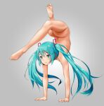  1girl aqua_eyes aqua_hair ass bangs closed_mouth commentary_request completely_nude feet flexible full_body gradient gradient_background grey_background gymnastics hatsune_miku head_tilt imao long_hair median_furrow microphone nude sidelocks simple_background soles solo thighs toes twintails vocaloid 