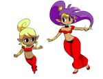  2015 5_fingers blonde_hair breasts brown_body brown_skin clothing cosplay crossover crossover_cosplay duo ear_piercing ear_ring female fingers footwear genie hair humanoid humanoid_pointy_ears hylian long_hair metalbreakdown nintendo not_furry piercing pirate_leader_tetra ponytail purple_hair shantae shantae_(series) shoes simple_background smile the_legend_of_zelda triforce video_games wayforward white_background wind_waker 