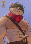  1boy abs alternate_muscle_size artist_name bara belt brown_belt closed_mouth fur_collar green_headwear hat highres large_pectorals league_of_legends male_focus muscular muscular_male pectorals seupil_hyugo_(spirohugo) solo teemo upper_body yordle 