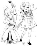  1girl alternate_costume arms_up bangs blush bouquet bow closed_eyes closed_mouth detached_sleeves dress flower genshin_impact greyscale hair_bow hair_flower hair_ornament highres holding holding_bouquet leaf lumine_(genshin_impact) monochrome moyori multiple_views open_mouth petals short_hair_with_long_locks simple_background socks stretch translation_request younger 