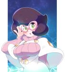  1girl :o big_hair blush breasts buttons capelet commentary glasses green_eyes highres long_sleeves looking_at_viewer pink-framed_eyewear pokemon pokemon_(game) pokemon_sm solo star_(sky) vergolophus water white_capelet wicke_(pokemon) 