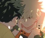  2boys artist_name bakugou_katsuki blonde_hair boku_no_hero_academia child closed_mouth commentary_request film_grain freckles gloves green_eyes green_gloves green_shirt hand_on_another&#039;s_face holding_another&#039;s_arm light looking_at_another looking_down male_focus mantos_no.7 midoriya_izuku multicolored_clothes multicolored_gloves multiple_boys orange_gloves red_eyes shirt short_hair spiked_hair thai_commentary younger 