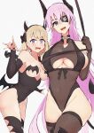  2girls arm_up azur_lane bangs bare_shoulders black_bow black_gloves black_legwear black_leotard black_nails blonde_hair blue_eyes bodystocking bow bowtie breasts collarbone covered_navel demon_girl demon_horns demon_tail elbow_gloves eyebrows_visible_through_hair eyepatch feet_out_of_frame gloves hair_bow highres horns large_breasts leotard light_blush light_purple_eyes long_hair looking_at_viewer marshall_k medium_breasts multiple_girls nail_polish official_alternate_costume open_mouth pink_hair scharnhorst_(azur_lane) scharnhorst_(panther_und_pflaume)_(azur_lane) short_hair smile standing tail teeth thighhighs underboob upper_teeth very_long_hair white_background white_bow z23_(azur_lane) 